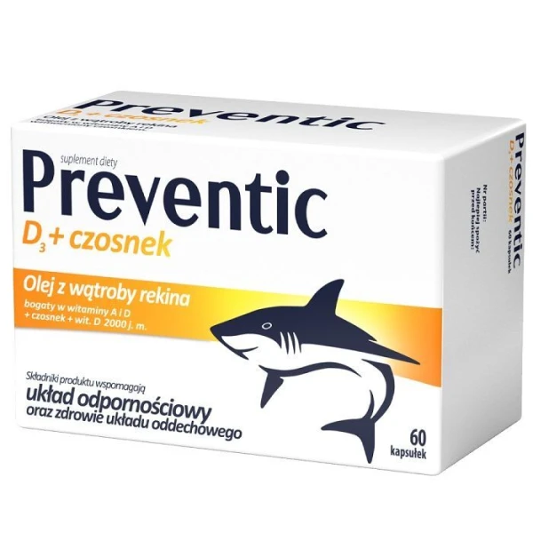 Preventic D3, olej z wątroby rekina + czosnek + witamina D3 2000 j.m., 60 kapsułek