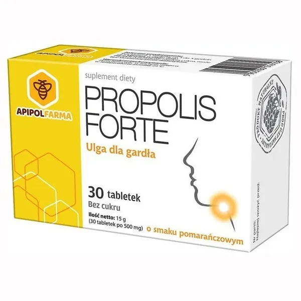 Propolis Forte, ulga dla gardła, bez cukru, smak pomarańczowy, 30 tabletek do ssania