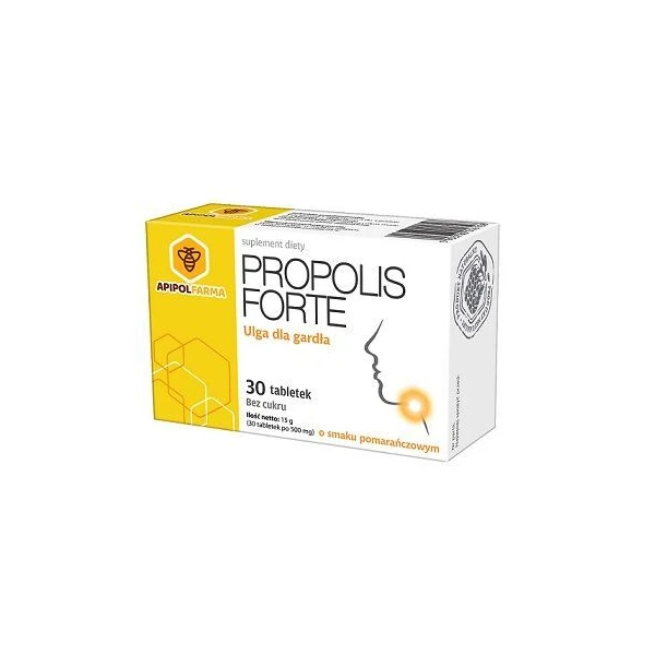 Propolis Forte, ulga dla gardła, bez cukru, smak pomarańczowy, 30 tabletek do ssania