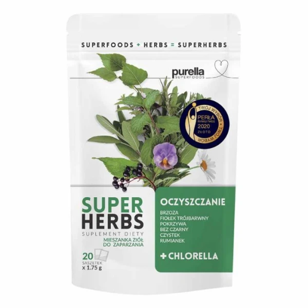 Purella Superfoods, Superherbs Oczyszczenie, mieszanka ziół do zaparzania, 20 saszetek