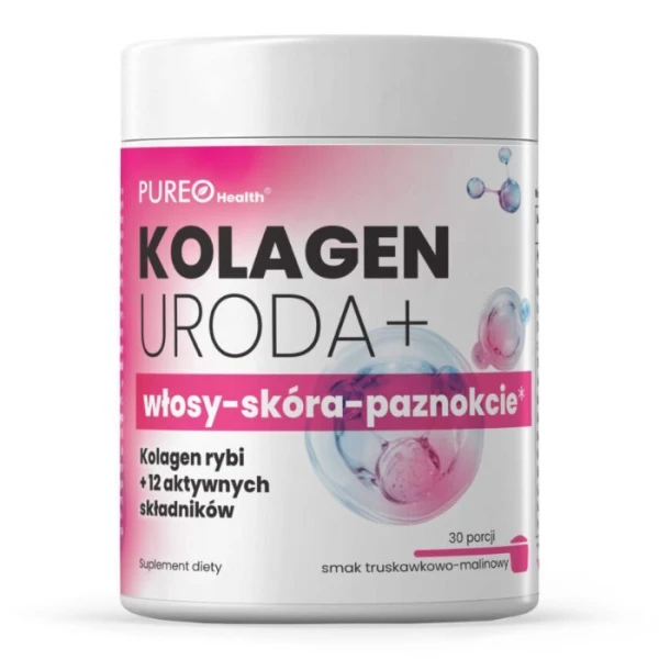 Pureo Health, Kolagen Uroda+ włosy, skóra, paznokcie, proszek, smak truskawkowo-malinowy, 129g (30 porcji)