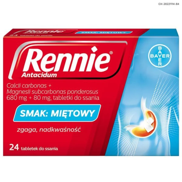 Rennie Antacidum (680mg+80mg), smak miętowy, 24 tabletki do ssania