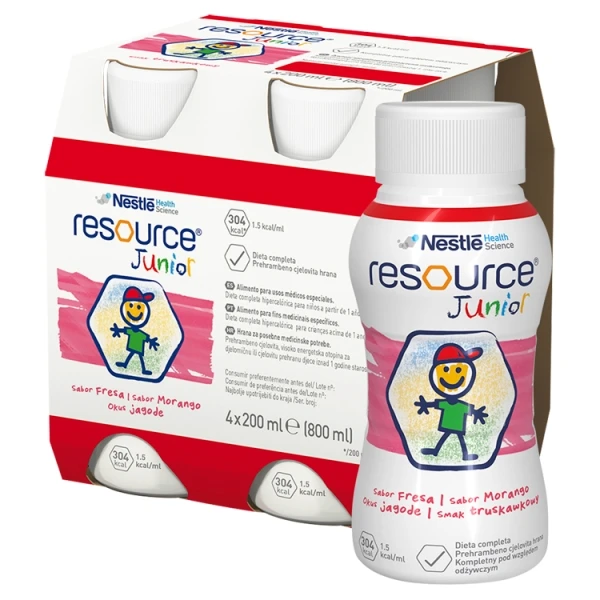 Resource Junior, produkt odżywczy wysokoenergetyczny, smak truskawkowy, płyn, 4x200ml