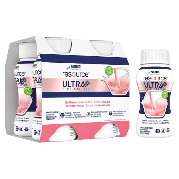 Resource Ultra+ High Protein, produkt odżywczy wysokobiałkowy, wysokoenergetyczny, smak truskawkowy, 4x125ml