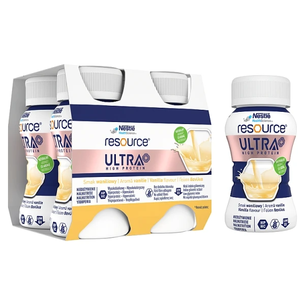 Resource Ultra+ High Protein, produkt odżywczy wysokobiałkowy, wysokoenergetyczny, smak waniliowy, 4x125ml