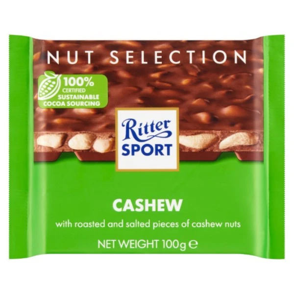 Ritter Sport, Cashew, czekolada mleczna z prażonymi solonymi kawałkami orzechów nerkowca, 100g