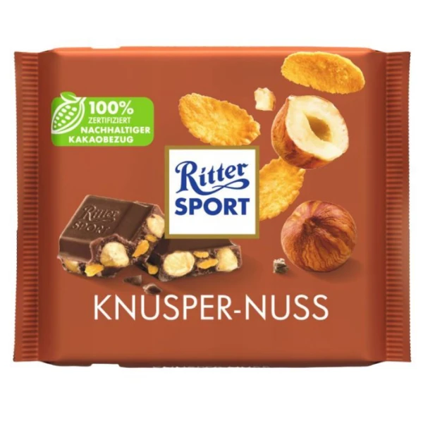 Ritter Sport, Crunchy Nut, czekolada mleczna z całymi prażonymi orzechami laskowymi i płatkami kukurydzianymi, 100g