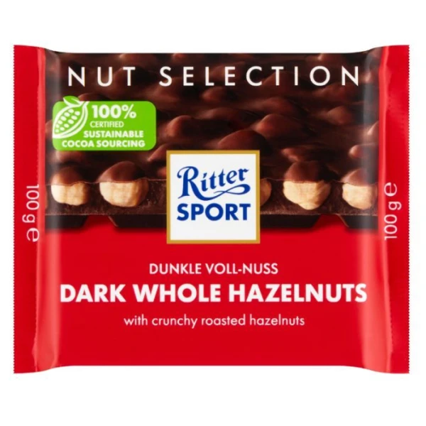 Ritter Sport, Dark Whole Hazelnuts, czekolada deserowa z całymi prażonymi orzechami laskowymi, 100g