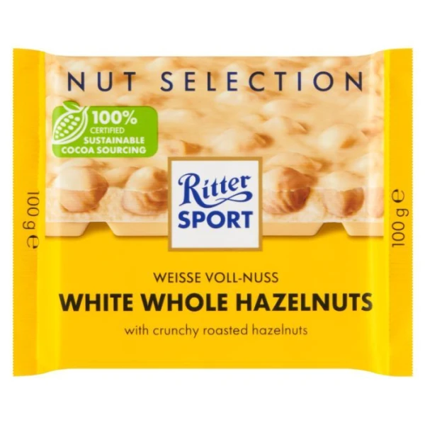 Ritter Sport, White Whole Hazelnuts, czekolada biała z całymi prażonymi orzechami laskowymi i chrupkami ryżowymi, 100g