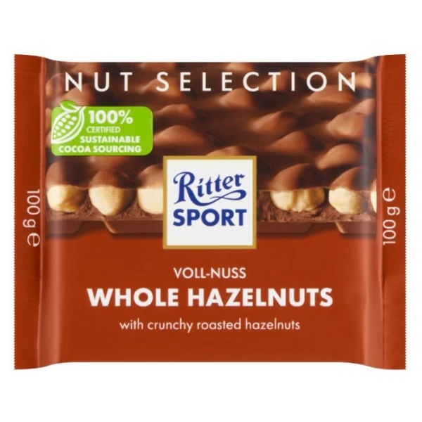 Ritter Sport, Whole Hazelnuts, czekolada mleczna z całymi prażonymi orzechami laskowymi, 100g