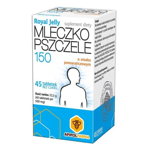 Royal Jelly Mleczko Pszczele 150, bez cukru, smak pomarańczowy, 45 tabletek do ssania
