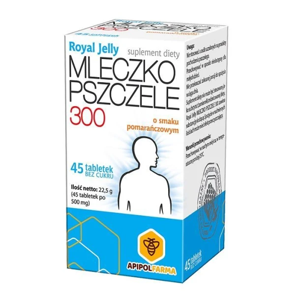 Royal Jelly Mleczko Pszczele 300, bez cukru, smak pomarańczowy, 45 tabletek do ssania