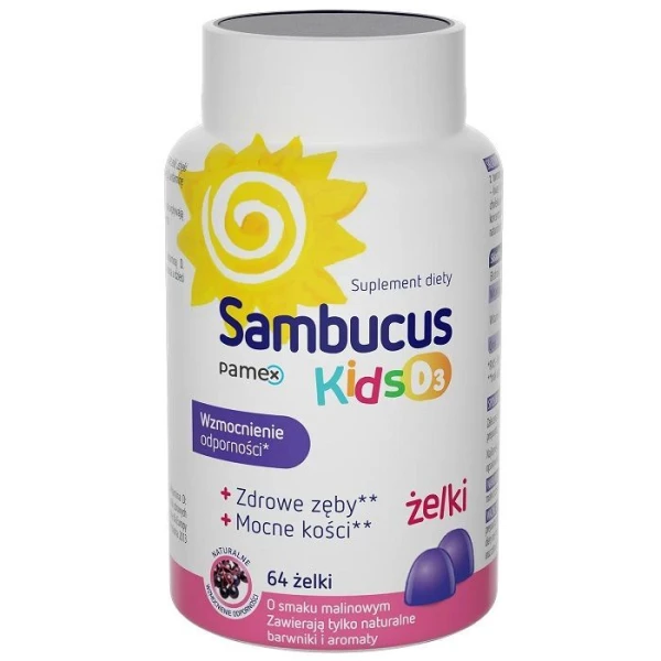 Sambucus Kids D3, żelki o smaku malinowym, po 3 roku życia, 64 sztuki