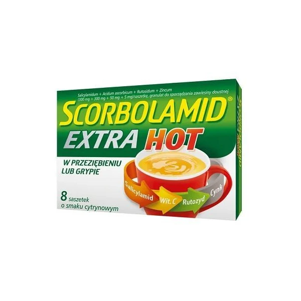 Scorbolamid Extra Hot (300mg+300mg+50mg+5mg), granulat do sporządzania zawiesiny, smak cytrynowy, 8 saszetek
