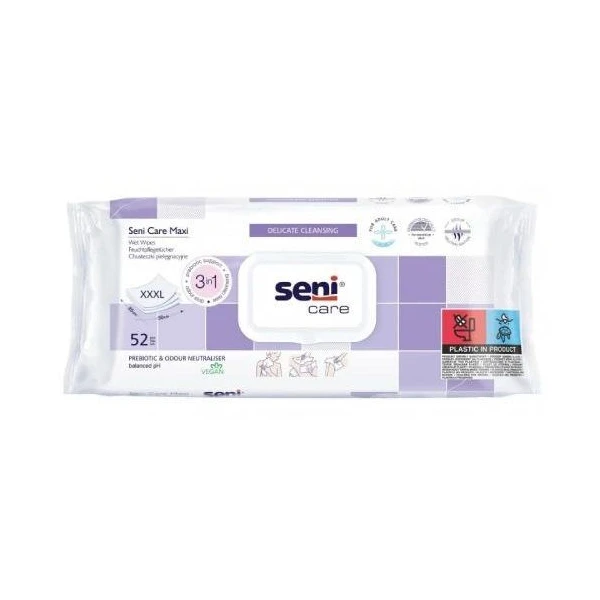 Seni Care Maxi, chusteczki pielęgnacyjne 3w1, nawilżane, 52 sztuki