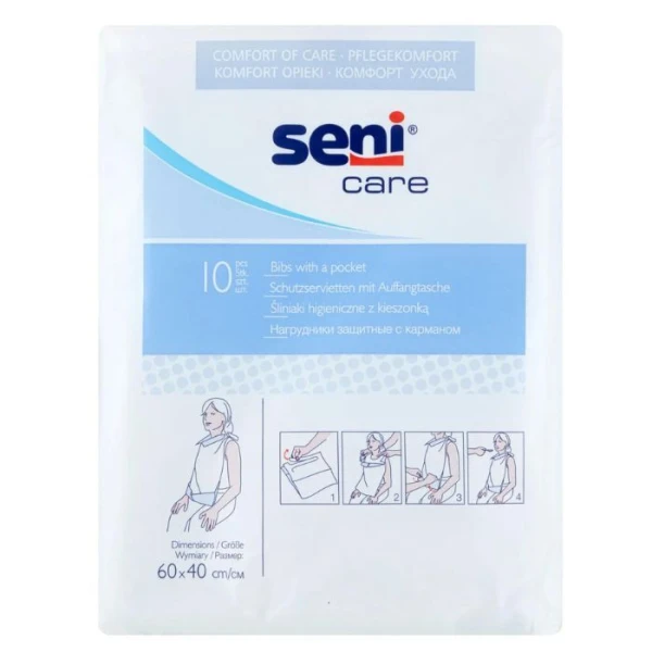 Seni Care, śliniaki higieniczne dla dorosłych z kieszonką, rozmiar 60x40cm, 10 sztuk