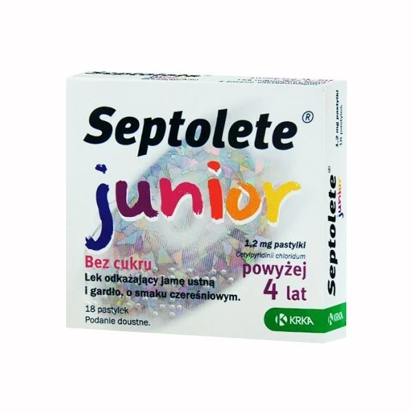 Septolete Junior 1,2mg, bez cukru, smak czereśniowym, po 4 roku życia, 18 pastylek do ssania