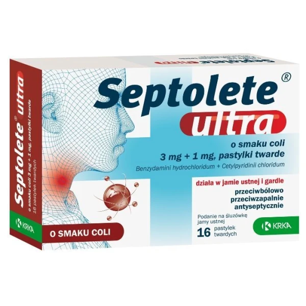 Septolete Ultra (3mg + 1mg), smak coli, 16 pastylek twardych