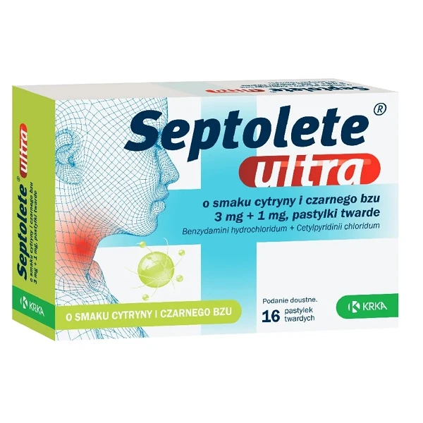 Septolete Ultra (3mg + 1mg), smak cytryny i czarnego bzu, 16 pastylek twardych