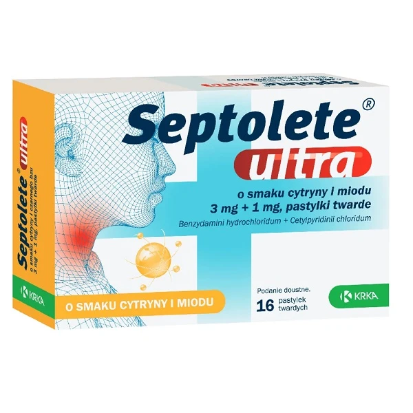 Septolete Ultra (3mg + 1mg), smak cytryny i miodu, 16 pastylek twardych