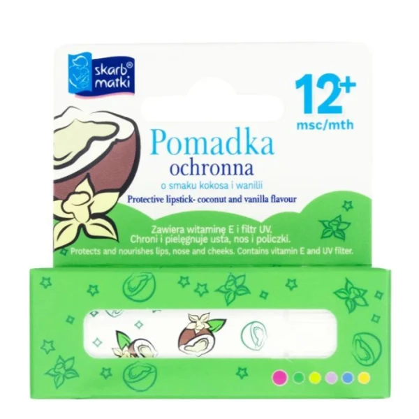 Skarb Matki, pomadka ochronna z filtrem UV, smak kokos i wanilia, po 1 roku życia, 6,5g