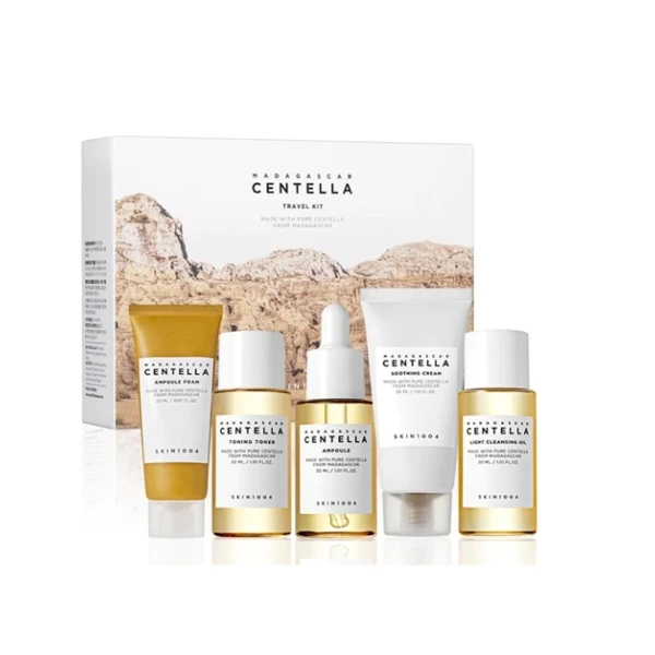 Skin1004 Madagascar Centella Travel Kit, olejek, 30ml + pianka, 20ml + tonik do twarzy, 30ml + ampułka do twarzy, 30ml + krem, 30ml