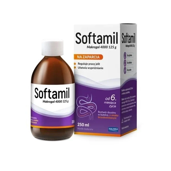 Softamil, Makrogol 4000, roztwór doustny, smak brzoskwiniowy, od 6 miesiąca życia, 250ml