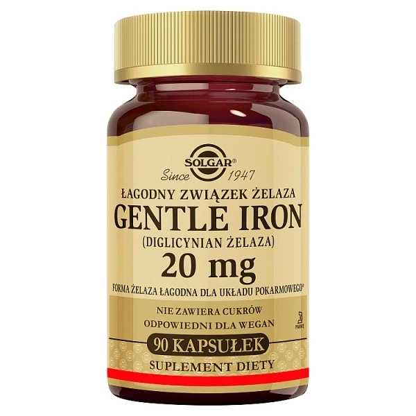 Solgar Gentle Iron, diglicynian żelaza 20mg, 90 kapsułek