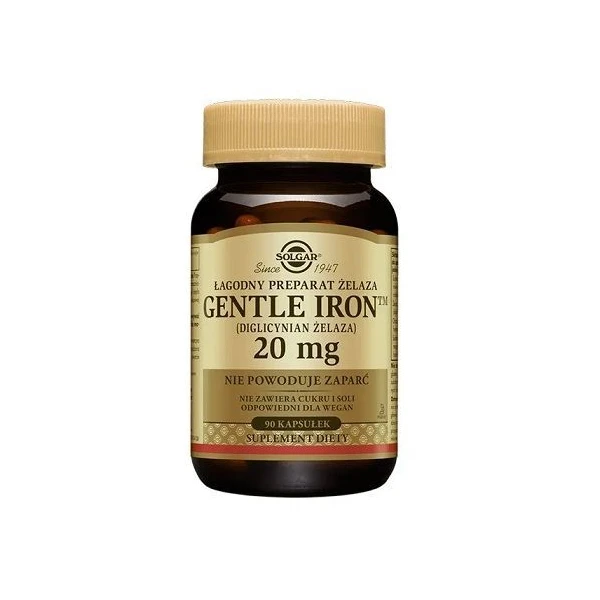 Solgar Gentle Iron, diglicynian żelaza 20mg, 90 kapsułek