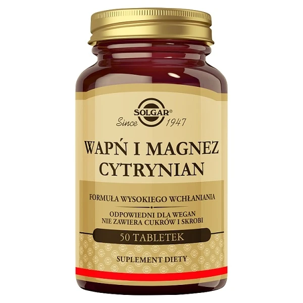 Solgar Wapń i Magnez w Postaci Cytrynianu, 50 tabletek