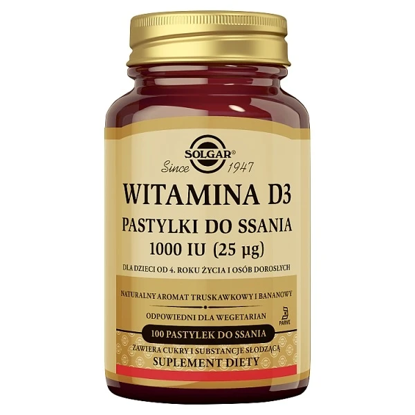 Solgar Witamina D3 1000 IU (25mcg), smak truskawkowo-bananowy, 100 pastylek do ssania