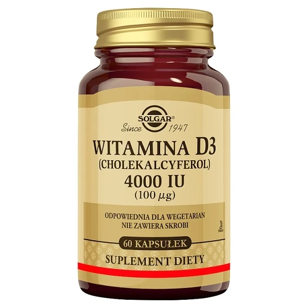 Solgar Witamina D3 (Cholekalcyferol) 4000 IU (100mcg), 60 kapsułek