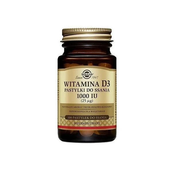 Solgar Witamina D3 1000 IU (25mcg), smak truskawkowo-bananowy, 100 pastylek do ssania