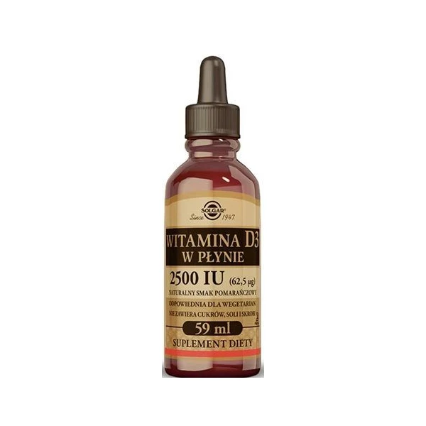 Solgar Witamina D3 w płynie 2500IU (62,5mcg), smak pomarańczowy, 59ml