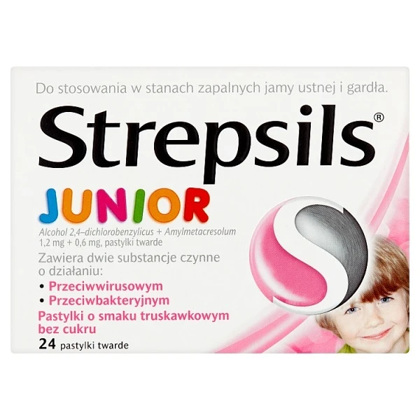 Strepsils Junior (0,6mg+1,2mg), smak truskawkowy, dla dzieci po 6 roku życia, 24 pastylki do ssania