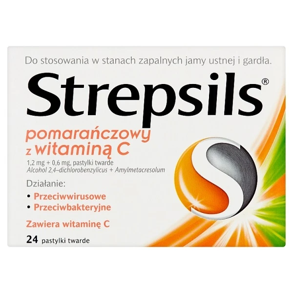 Strepsils pomarańczowy z witaminą C (0,6mg+1,2mg), 24 pastylki do ssania