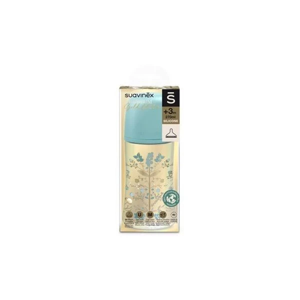 Suavinex, Gold Edition, butelka antykolkowa, średni przepływ, po 3 miesiącu, niebieska, 270ml