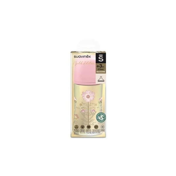 Suavinex, Gold Edition, butelka antykolkowa, średni przepływ, po 3 miesiącu, różowa, 270ml