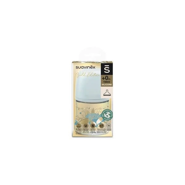 Suavinex, Gold Edition, butelka antykolkowa, wolny przepływ, od urodzenia, niebieska, 150ml