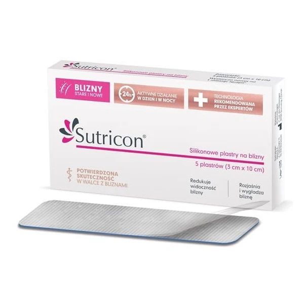 Sutricon, silikonowe plastry na blizny 3x10cm, 5 sztuk