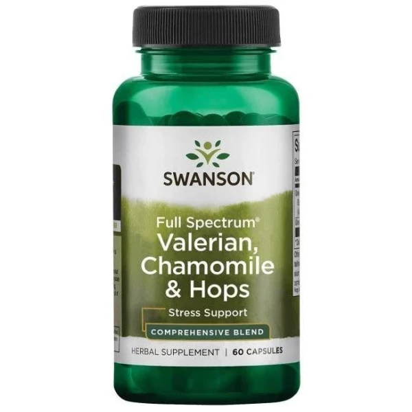 Swanson, Full Spectrum Valerian, Chamomile & Hops, kozłek, rumianek i chmiel, 60 kapsułek