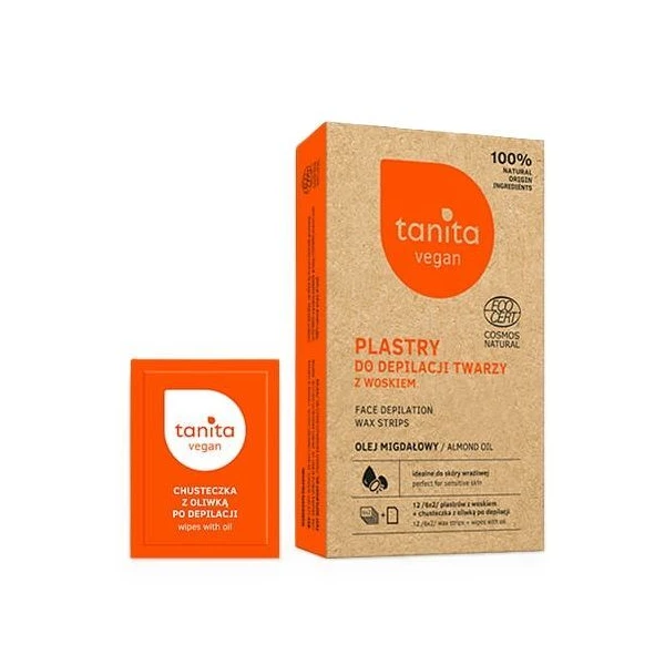 Tanita vegan, plastry z woskiem do depilacji twarzy, olej migdałowy, 12 sztuk