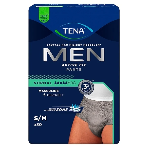 Majtki chłonne Tena Men ActiveFit Pants Normal Grey, rozmiar S/M, chłonność 5/8, 30 sztuk