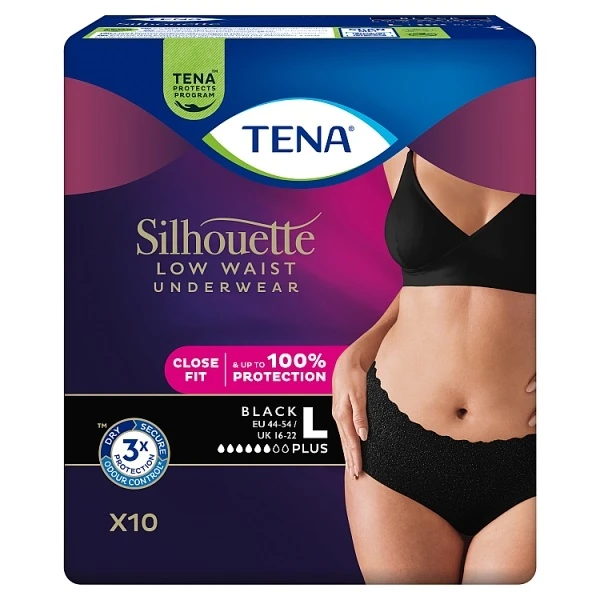 Majtki chłonne Tena Silhouette Plus Black, rozmiar L, chłonność 6/8, 10 sztuk