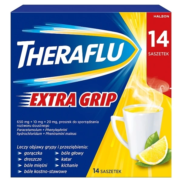 Theraflu Extra Grip (650mg+10mg+20mg), proszek, 14 saszetek