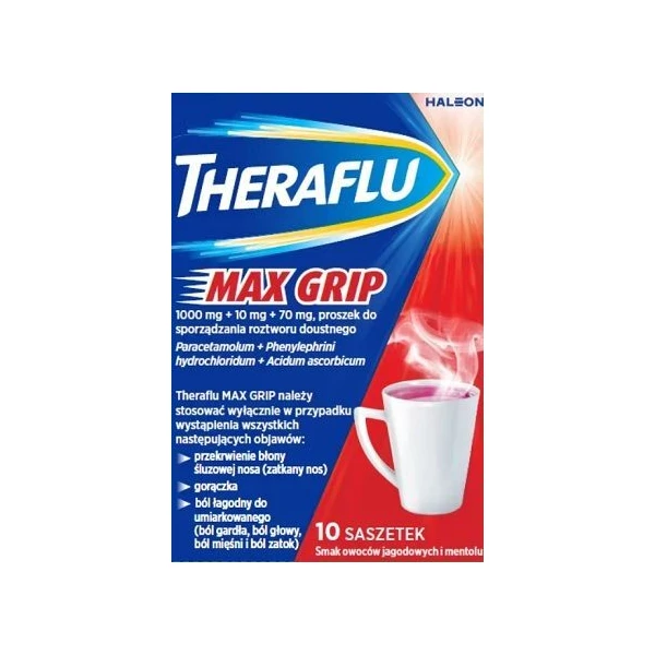 [DATA - 2026-09-30] Theraflu Max Grip (1000mg+10mg+70mg), proszek, smak owoców leśnych i mentolu, 10 saszetek