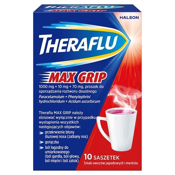 Theraflu Max Grip (1000mg+10mg+70mg), proszek, smak owoców leśnych i mentolu, 10 saszetek