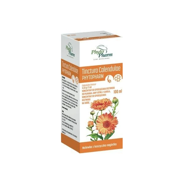 Tinctura Calendulae 4,55g/5ml, koncentrat do sporządzania roztworu do płukania jamy ustnej i gardła i na skórę, 100ml