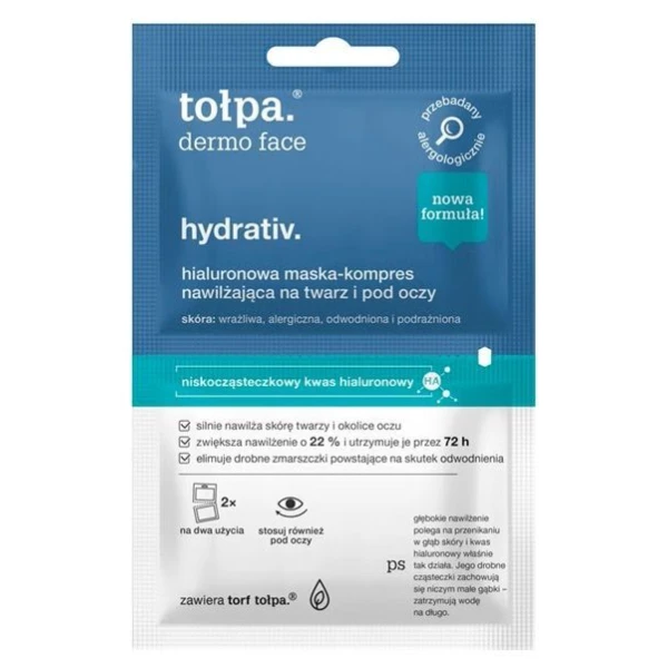 Tołpa Dermo Face Hydrativ, hialuronowa maska-kompres nawilżająca na twarz i pod oczy, 2x6ml