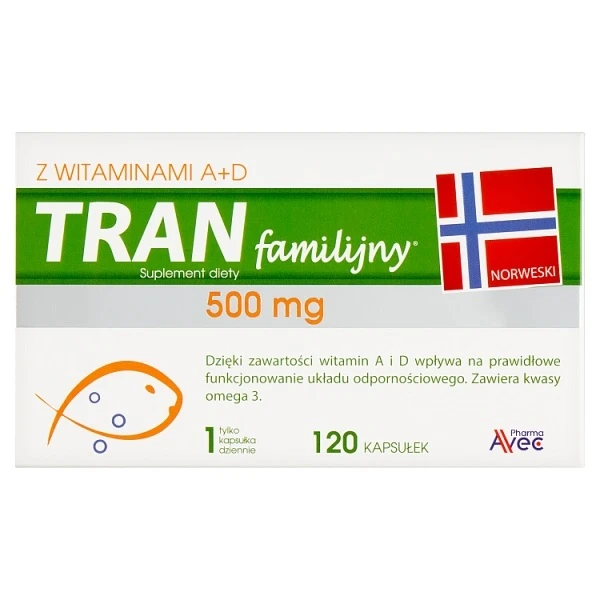 Tran Familijny, z witaminami A+D, 120 kapsułek